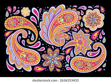 Indian Traditional Paisley Elements Vector Set, Decorative Petals and Florals Isolated on Dark Background, Whimsical Sophisticated Modern Fashion Drawing