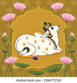 Indian Traditional Rajasthani Painting Cow in sitting Pose with Lotus Background