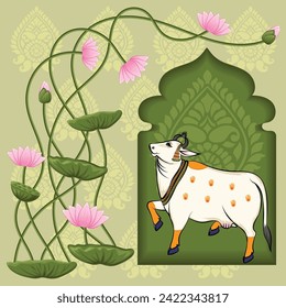 Indian traditional Rajasthani painting cow near the Lotus arch