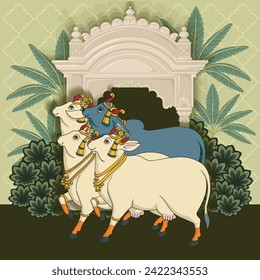 Indian traditional Rajasthani painting group of happy cows and bull in front of arch