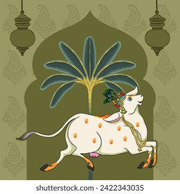 Indian traditional Rajasthani painting happy cow