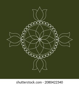 Indian Traditional Rangoli Design With Indian Geometrical Motifs Of Triangle And Lotus In White Color On Dark Brown Color Background.