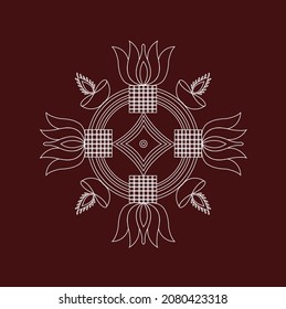 Indian traditional rangoli design with Indian geometrical motifs of square, circle and lotus in white color on dark brown color background.