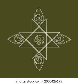 Indian traditional rangoli design with Indian geometrical motifs of triangle and conch shape in white color on sap green color background.
