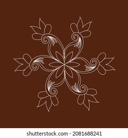 Indian traditional rangoli design with white  circular lines with Indian trditional motif on brown color background.
