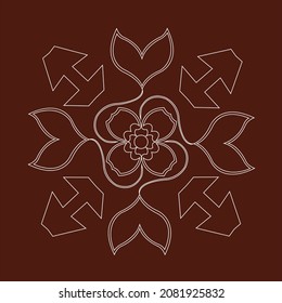 Indian Traditional rangoli design with white color circular lines with Indian motifs on brown color background.