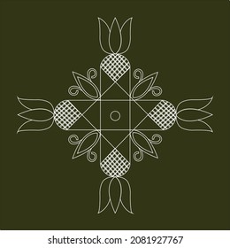 Indian Traditional rangoli design with white color circular lines with Indian motifs with criss cross lines and lotus on sap green  color background.