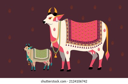 Indian Traditional Style Miniature Vector Painting of Kamdhenu, Cow with Calf Traditionally worshiped on the occasion Vasubaras aka Govatsa Dwadashi first day of Diwali Festival of Lights.