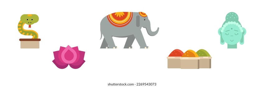 Indian Traditional Symbols with Lotus Flower, Deity Statue and Elephant Vector Set