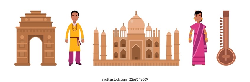 Indian Traditional Symbols with Musical Instrument, Clothing and Taj Mahal Building Vector Set