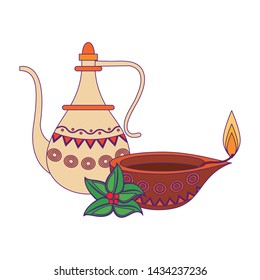 indian traditional teapot with lamp and leaves icon cartoon vector illustration graphic design