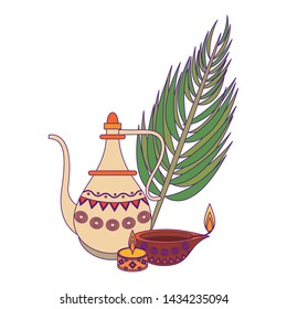 indian traditional teapot with lit candle, lamp and palm leaf icon cartoon vector illustration graphic design