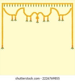 Indian Traditional Toran in beautyful shape with marigold flowers with green mango leaves on off white color background