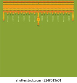 Indian Traditional Toran with marigold flower and dry banana leaves hanging decoration and orange color band on top on green color background.