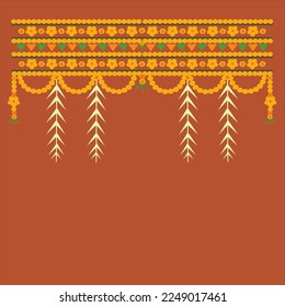 Indian Traditional Toran with marigold flower and dry banana leaves hanging decoration and orange and green triangles on top dull red color background.
