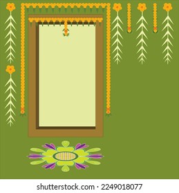 Indian Traditional Toran with marigold flower and dry banana leaves hanging decoration around door and rangoli at the bottom green color background.