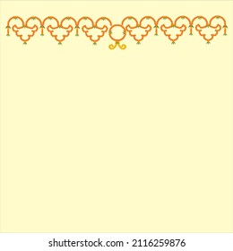 Indian traditional Toran of marigold flowers in red and orange color on pale yellow background.