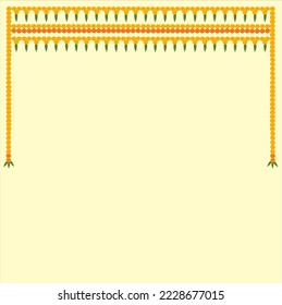Indian traditional Toran of marigold flowers and mango leaves arranged horizontally top on off white color background.