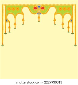Indian Traditional Toran with marigold flowers and green mango leaves  with parrot green color color on light yellow color background.
