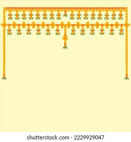 Indian Traditional Toran with red and yellow marigold flowers and mango leaves  on light yellow color background.