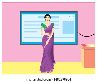 Indian traditional woman taking lecture digitally through online presentation concept in vector illustration