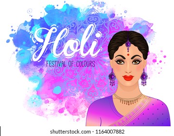 Indian traditional woman wearing saree  celebrating festival of colors Holi and Dolyatra background. Colorful decorative watercolor illustration. Invitation card in vector.