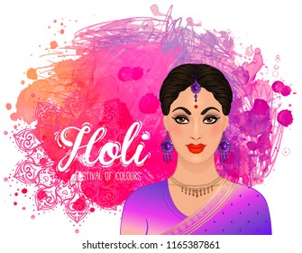 Indian traditional woman wearing saree  celebrating festival of colors Holi and Dolyatra background. Colorful decorative watercolor illustration. Invitation card in vector.