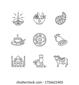 Indian traditions pixel perfect linear icons set. Ayurveda. Taj Mahal. Sacred cow. Diya lamp. Thali. Customizable thin line contour symbols. Isolated vector outline illustrations. Editable stroke