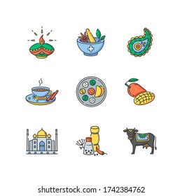 Indian traditions RGB color icons set. National cuisine. Ayurveda medicine. Taj Mahal. Sacred cow. Traditional diya. Diwali festival. Thali dish. Isolated vector illustrations