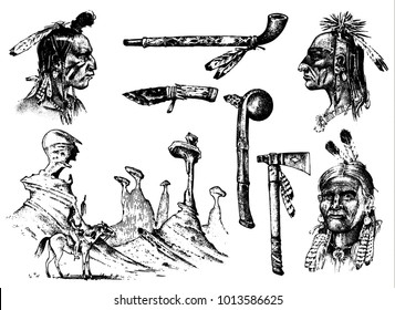 Indian traditions set. landscape with mountains. National American. Mace, feathers and Ax, chanunpa or tools. engraved hand drawn in old sketch. occultism, religion, spirituality, shamanism.