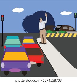 Indian Traffic Police, Cars, Car back side, Divider, Stop sign, Stop signal,road, Red light, illustration traffic police 