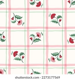 Indian Trailing Flowers and Plaid Vector Seamless Pattern. Cottagecore Chintz Floral on White Background. Delicate Summer Boho Print