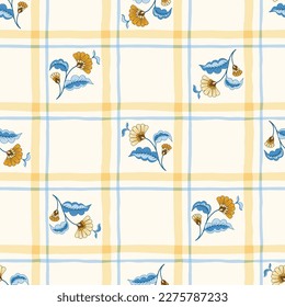 Indian Trailing Flowers and Plaid Vector Seamless Pattern. Cottagecore Chintz Floral on White Background. Delicate Summer Boho Print