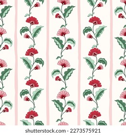 Indian Trailing Flowers and Stripes Vector Seamless Pattern. Cottagecore Chintz Floral on White Background. Delicate Summer Boho Print