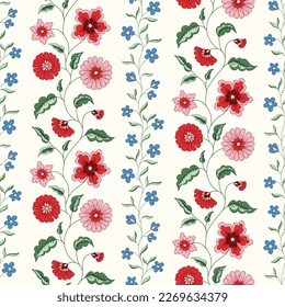 Indian Trailing Flowers Vector Seamless Pattern. Cottagecore Chintz Floral on White Background. Delicate Summer Boho Print