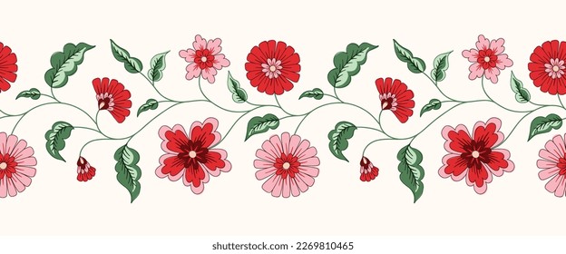 Indian Trailing Flowers Vector Seamless Hotrizontal Pattern Border. Cottagecore Chintz Floral Background. Delicate Summer Boho Print