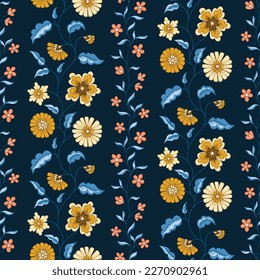 Indian Trailing Flowers Vector Seamless Pattern. Cottagecore Chintz Floral on Dark Background. Delicate Summer Boho Print