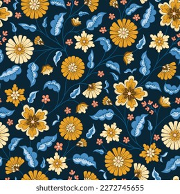 Indian Trailing Flowers Vector Seamless Pattern. Cottagecore Chintz Floral on Dark Navy Background. Delicate Summer Boho Print