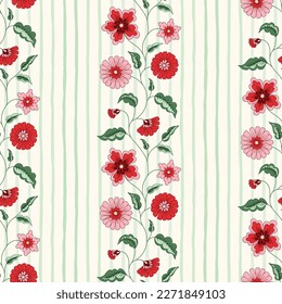 Indian Trailing Flowers and Vertical Stripes Vector Seamless Pattern. Cottagecore Chintz Floral Background. Delicate Summer Boho Print