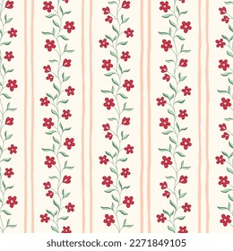 Indian Trailing Flowers and Vertical Stripes Vector Seamless Pattern. Cottagecore Chintz Floral Background. Delicate Summer Boho Print