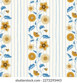 Indian Trailing Flowers and Vertical Stripes Vector Seamless Pattern. Cottagecore Chintz Floral Background. Delicate Summer Boho Print