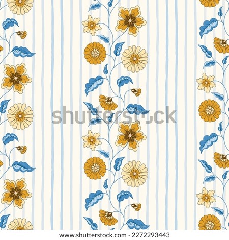 Indian Trailing Flowers and Vertical Stripes Vector Seamless Pattern. Cottagecore Chintz Floral Background. Delicate Summer Boho Print