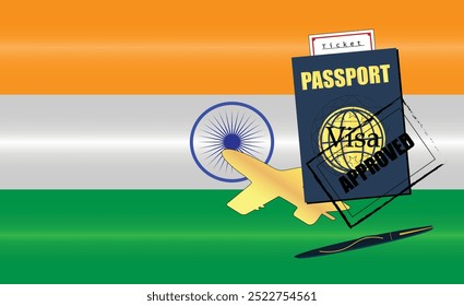 Indian Travel Documentation Concept with blue Passport and India Flag. Approved Stamp. Airplane and Travel Tickets. Ideal for Immigration Tourism and Traveling Themes. Vector EPS available