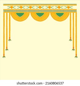 Indian trditional toran with marigold flowers with mango leaves with beautyful color combination in half circle on off white background.