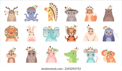 Indian tribal animal faces set. Fox, bear, octopus, elephant, sheep, crocodile, lion cute animals boho characters vector illustration