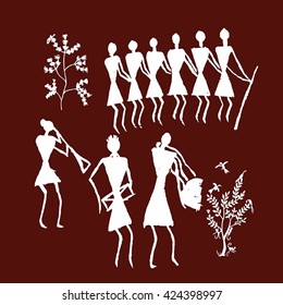 Indian tribal art called Warli Painting vector illustration.