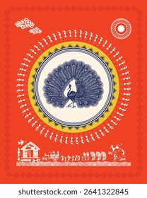 Indian Tribal Art: Farmers' Festivities, Lush Nature and Stylized Peacock in Warli. Warli art, Indian tribal art, Rural celebration, Warli peacock