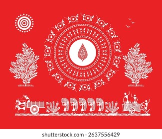 Indian Tribal Art: Majestic Peacock Amidst Warli Village Scenes. Warli art, Indian tribal art, Warli painting, Warli peacock