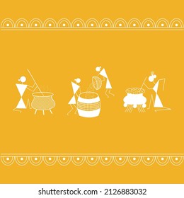 Indian tribal art, Warli painting, women cooking in kitchen