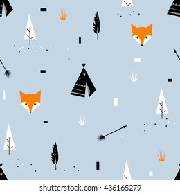 Indian tribal background. Scandinavian geometric seamless pattern. Simple flat wigwam, forest, arrow, fox and landscape elements. Map texture. Minimalist design.  Cartoon illustration